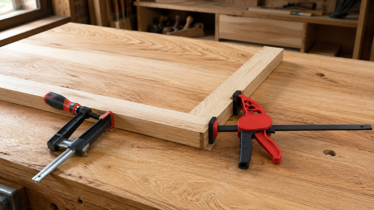 F clamp and quick-change bar clamp holding a timber frame square on a woodworking bench