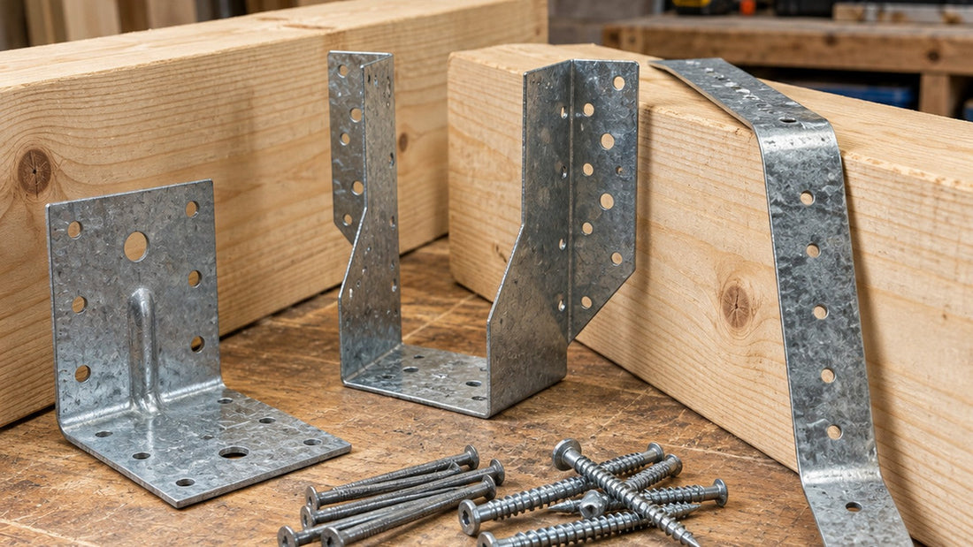 Galvanised angle bracket, joist hangers and bent restraint strap arranged beside timber sections with connector nails and screws on a workshop bench.