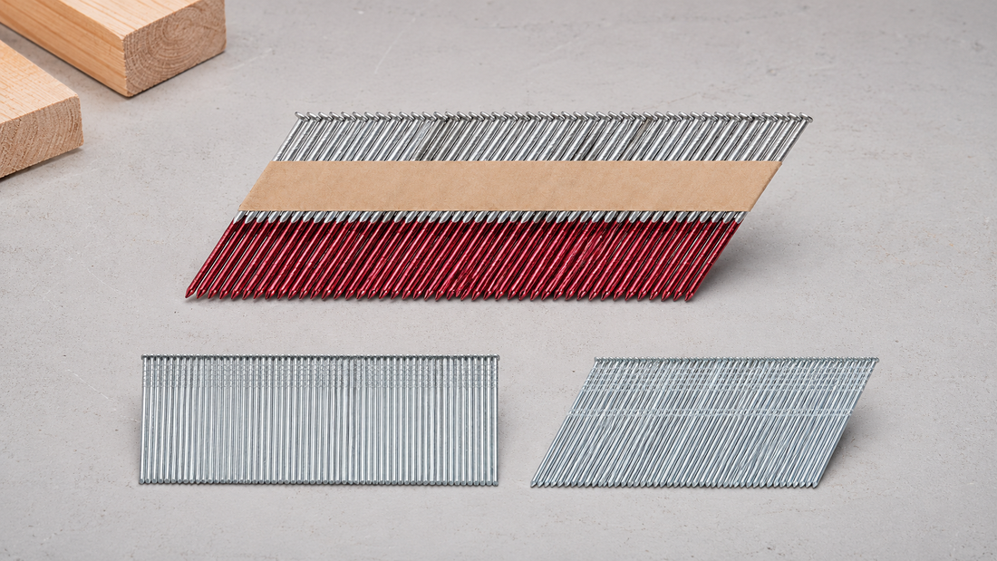 Paper-collated framing nails with straight and angled TIMCO brad strips on a trade workbench