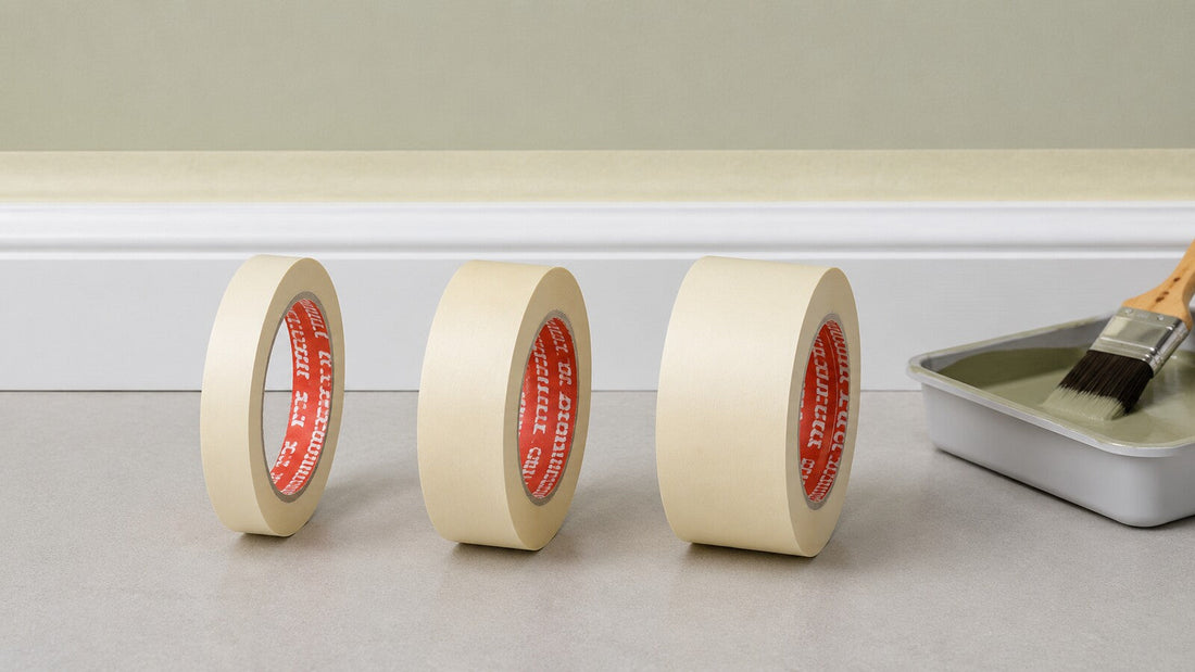 Three widths of cream TIMCO masking tape beside a neatly masked white skirting board and decorating brush.