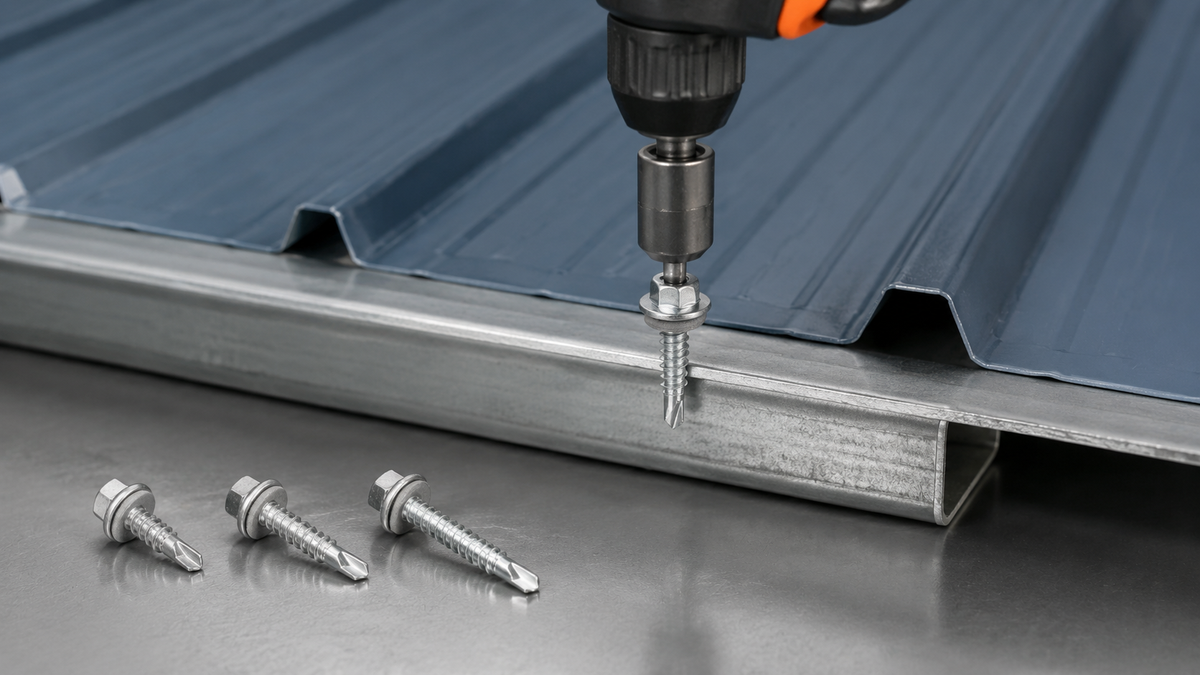 Hex-head self-drilling screw with sealing washer being driven through profiled metal sheeting into a steel section