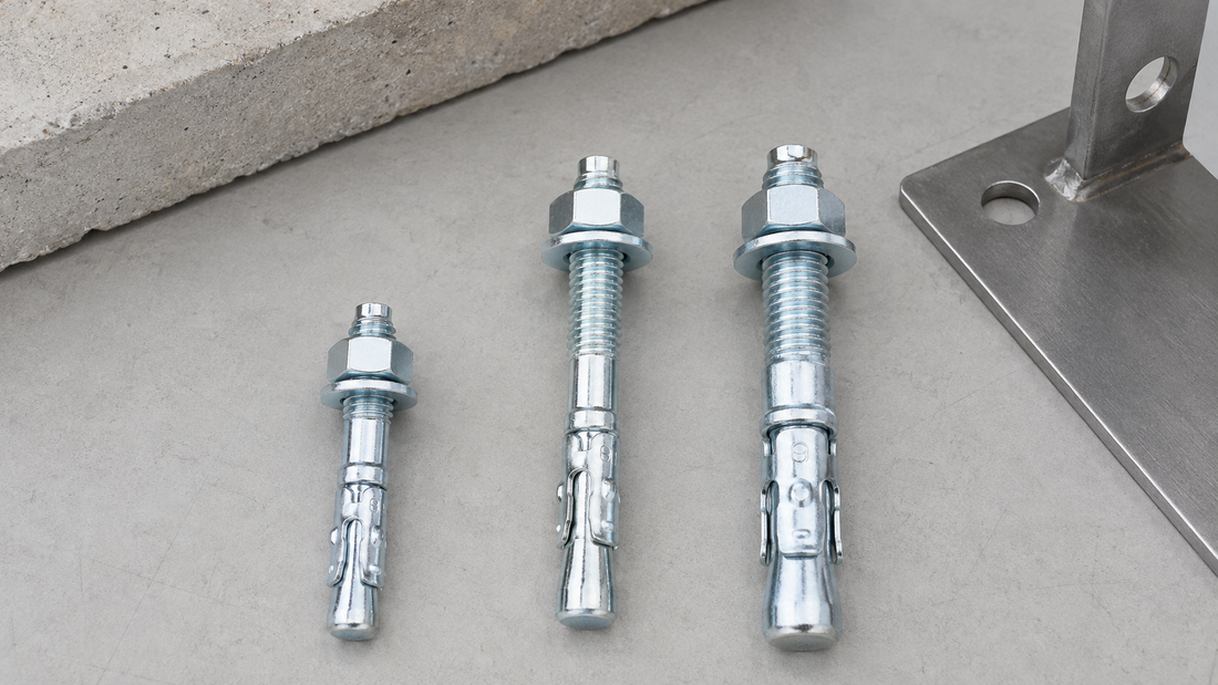 TIMCO M8, M10 and M12 zinc throughbolts arranged beside a concrete sample and steel bracket