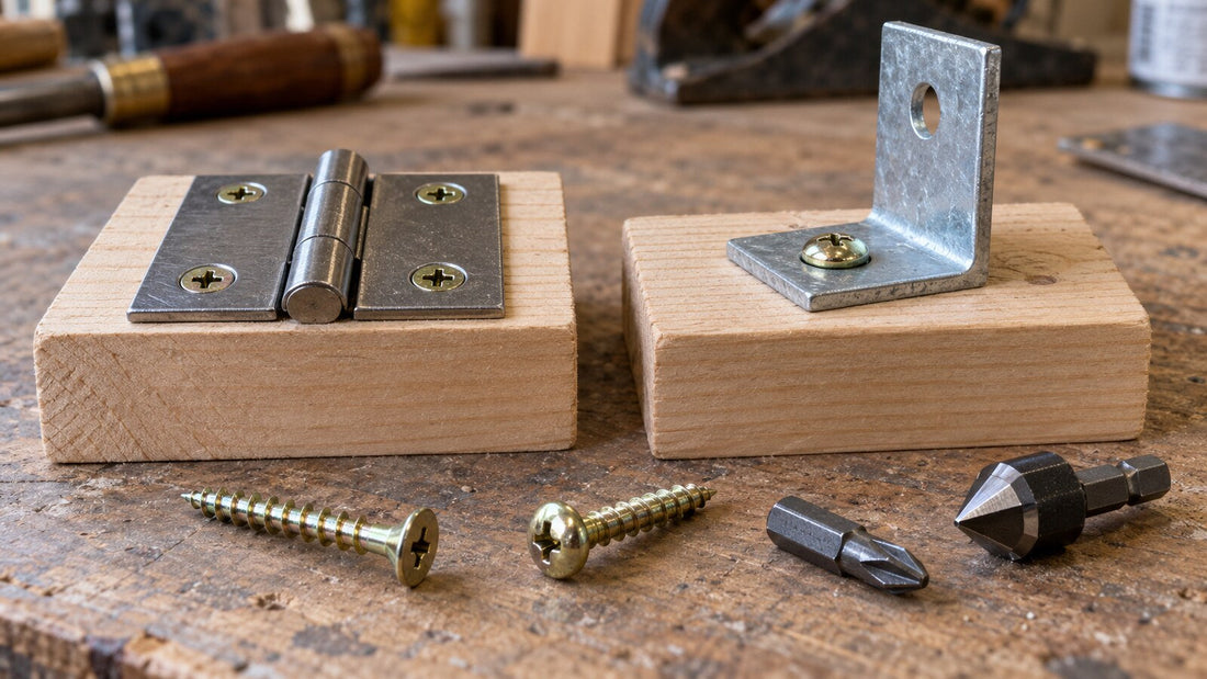 Countersunk screws seated flush in a steel hinge and a pan-head screw seated proud on a plain-hole angle bracket, with loose screws and driver bits on a workshop bench.