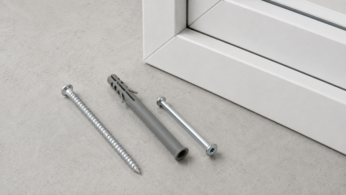 Exterior silver concrete screw and nylon frame fixing beside a white uPVC window frame