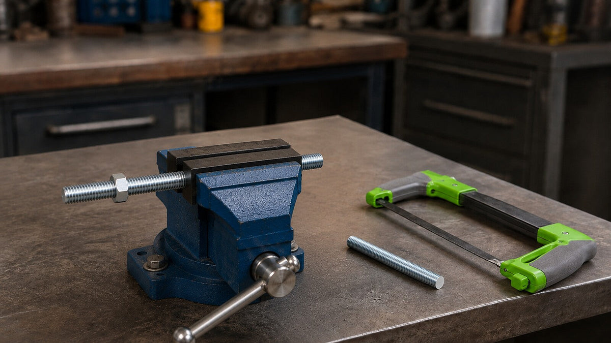 Zinc-plated threaded rod clamped in a vice with a nut fitted before cutting with a hacksaw