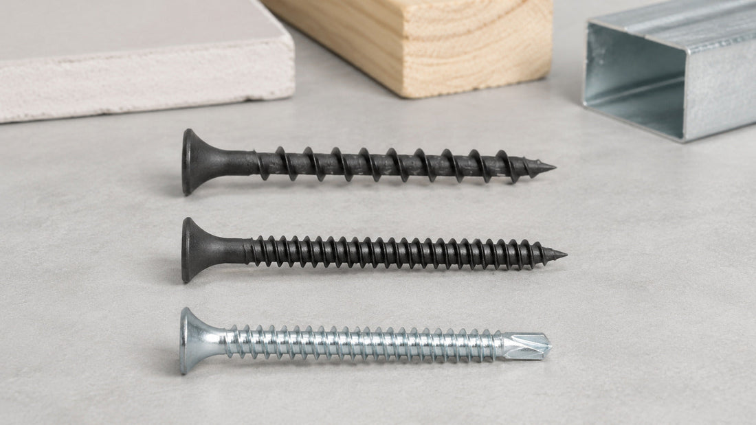 Coarse-thread, fine-thread and self-drilling TIMCO plasterboard screws arranged beside timber, metal track and plasterboard samples