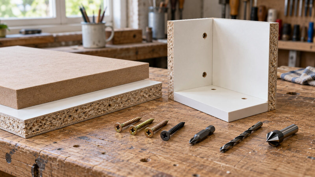 Yellow zinc and black furniture screws beside MDF and melamine-faced chipboard samples with drill and countersink bits on a workshop bench.