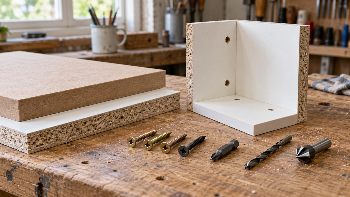 Yellow zinc and black furniture screws beside MDF and melamine-faced chipboard samples with drill and countersink bits on a workshop bench.