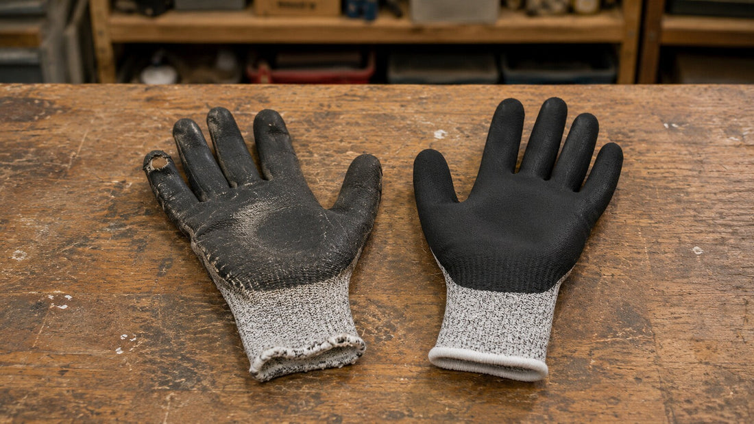 Worn grey and black safety glove with a torn fingertip and abraded palm beside a clean replacement glove on a wooden workbench