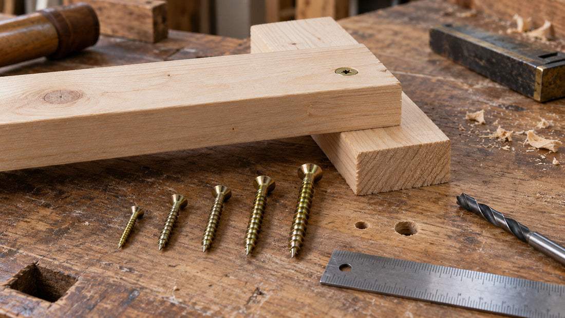 Five yellow zinc countersunk wood screws of different sizes beside a timber joint, pilot holes, drill bit and steel rule on a workshop bench.