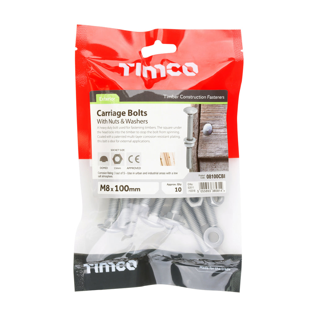 Carriage Bolts Hex Nuts & Form A Washers - Dome - Exterior - Silver | M8 x 100 additional image 2