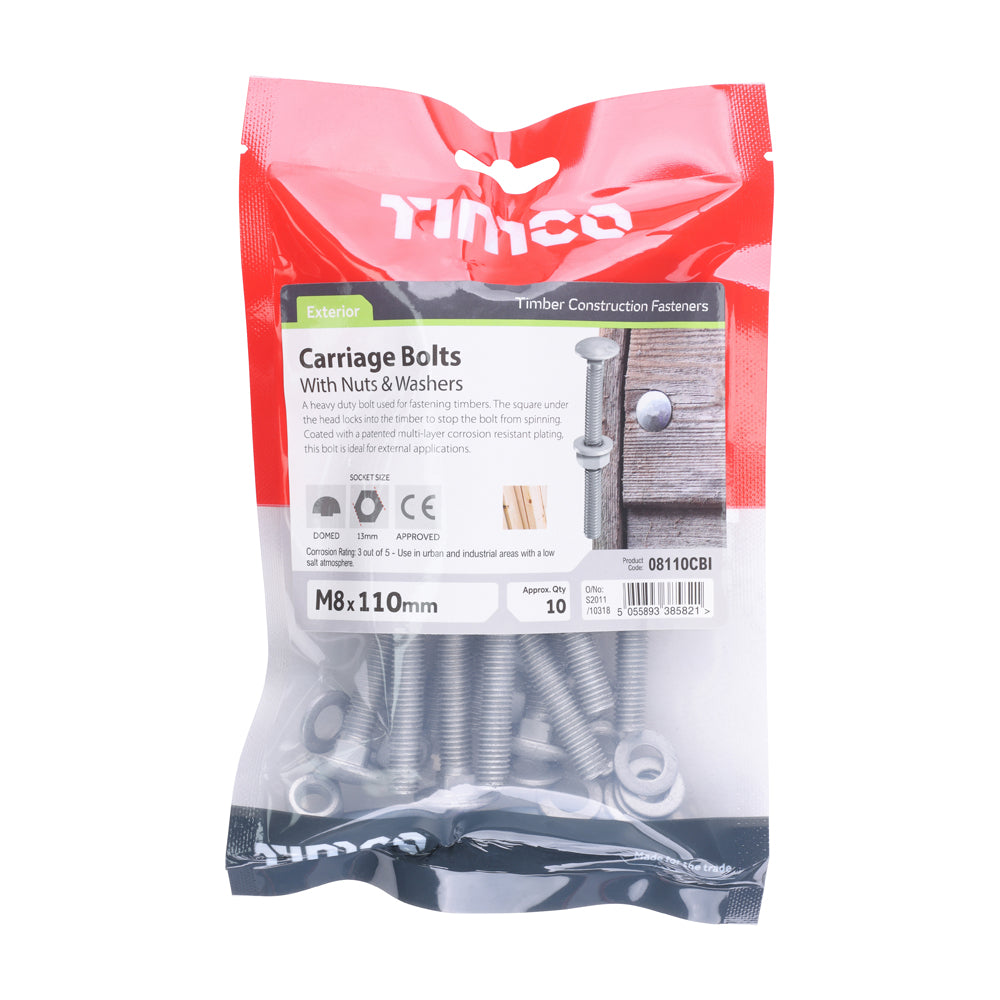 Carriage Bolts Hex Nuts & Form A Washers - Dome - Exterior - Silver | M8 x 110 additional image 2