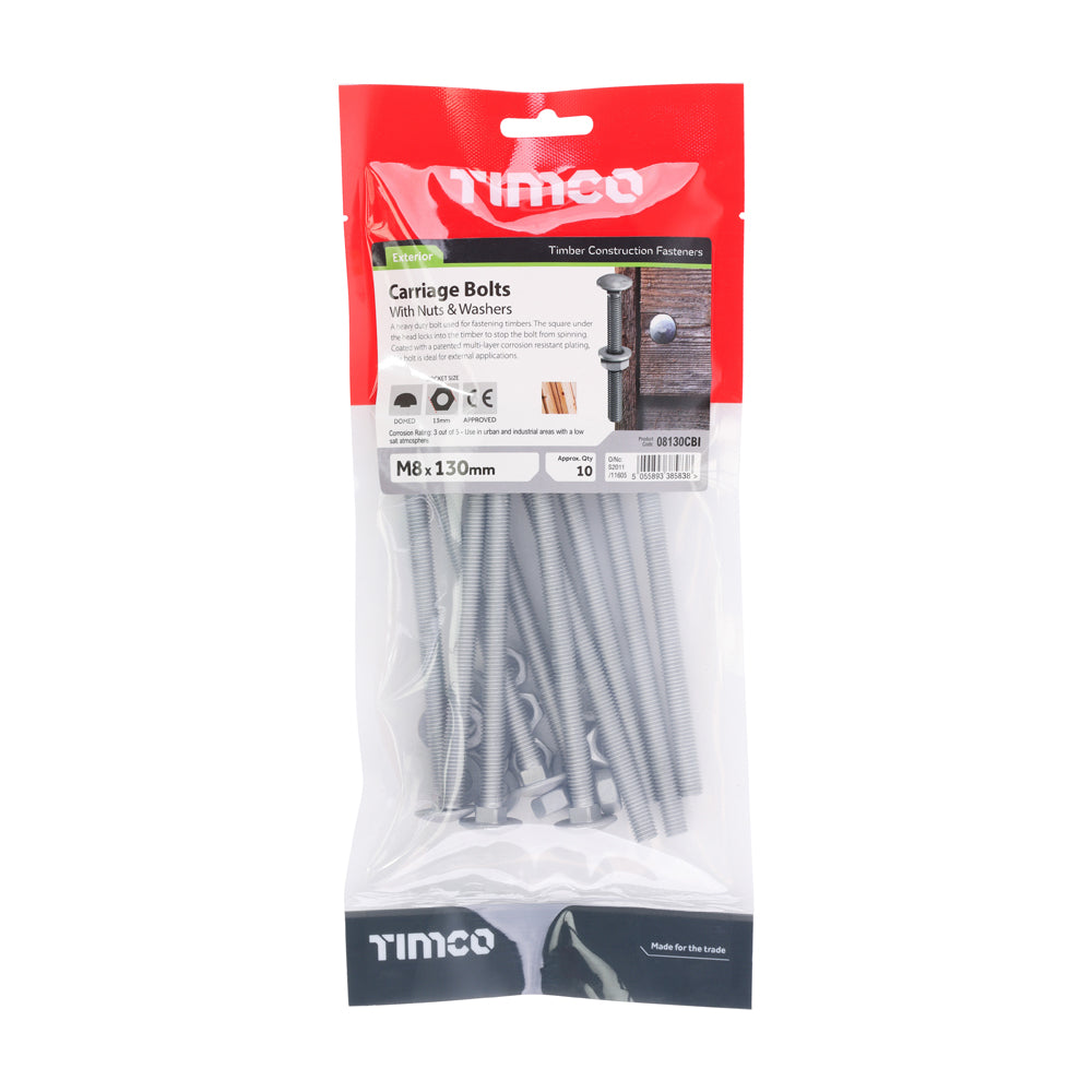 Carriage Bolts Hex Nuts & Form A Washers - Dome - Exterior - Silver | M8 x 130 additional image 2