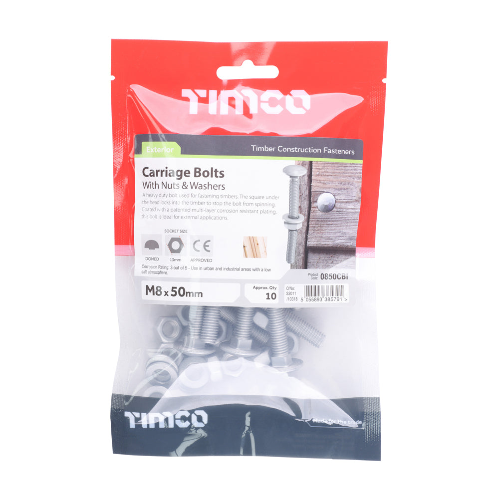 Carriage Bolts Hex Nuts & Form A Washers - Dome - Exterior - Silver | M8 x 50 additional image 2