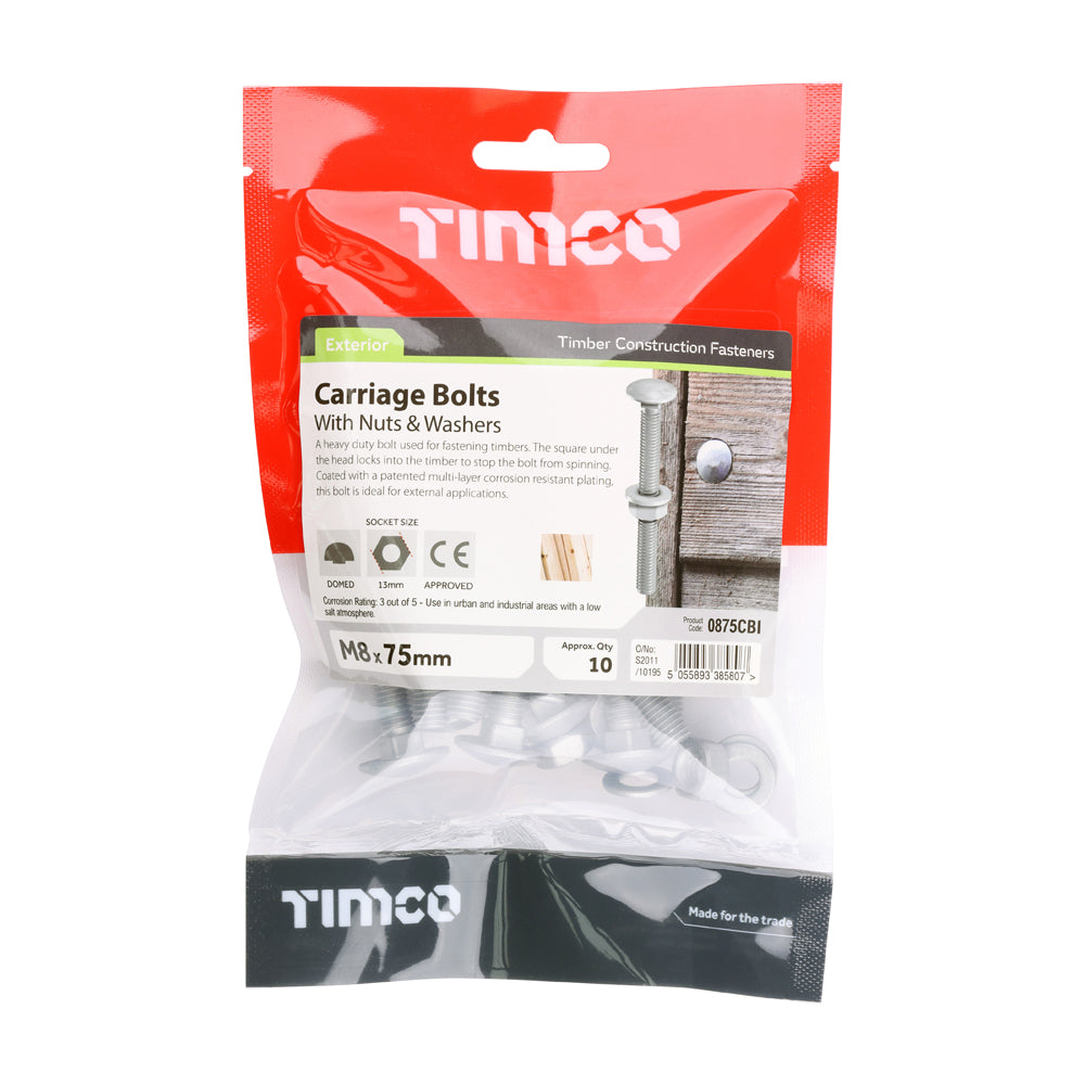 Carriage Bolts Hex Nuts & Form A Washers - Dome - Exterior - Silver | M8 x 75 additional image 2