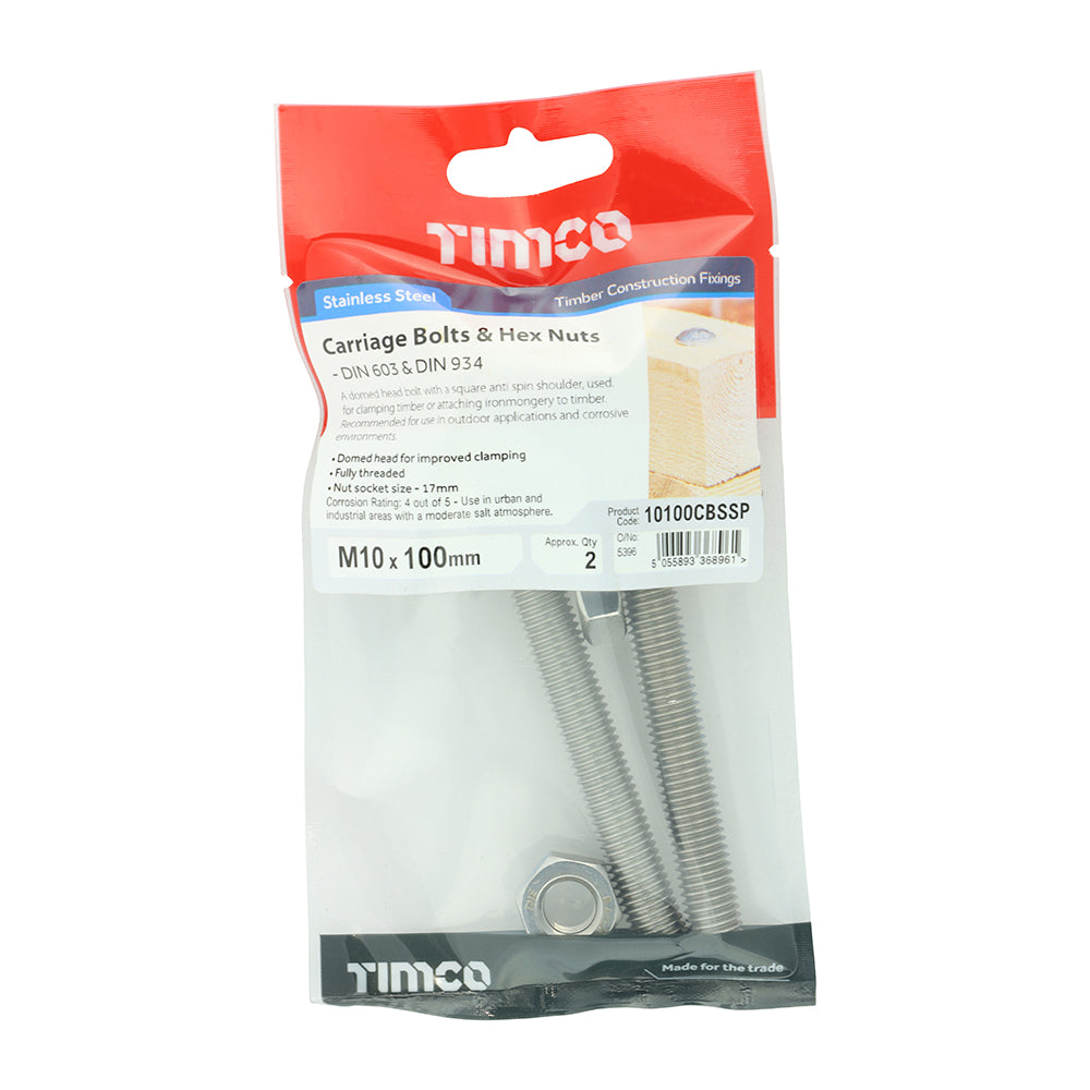 Carriage Bolts & Hex Nuts - Stainless Steel | M10 x 100 additional image 2