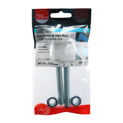 Set Screws & Hex Nuts - Grade 8.8 - Zinc | M10 x 100 additional image 2