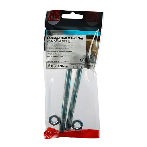 Carriage Bolts & Hex Nuts - Zinc | M10 x 120 | TIMpac additional image 2