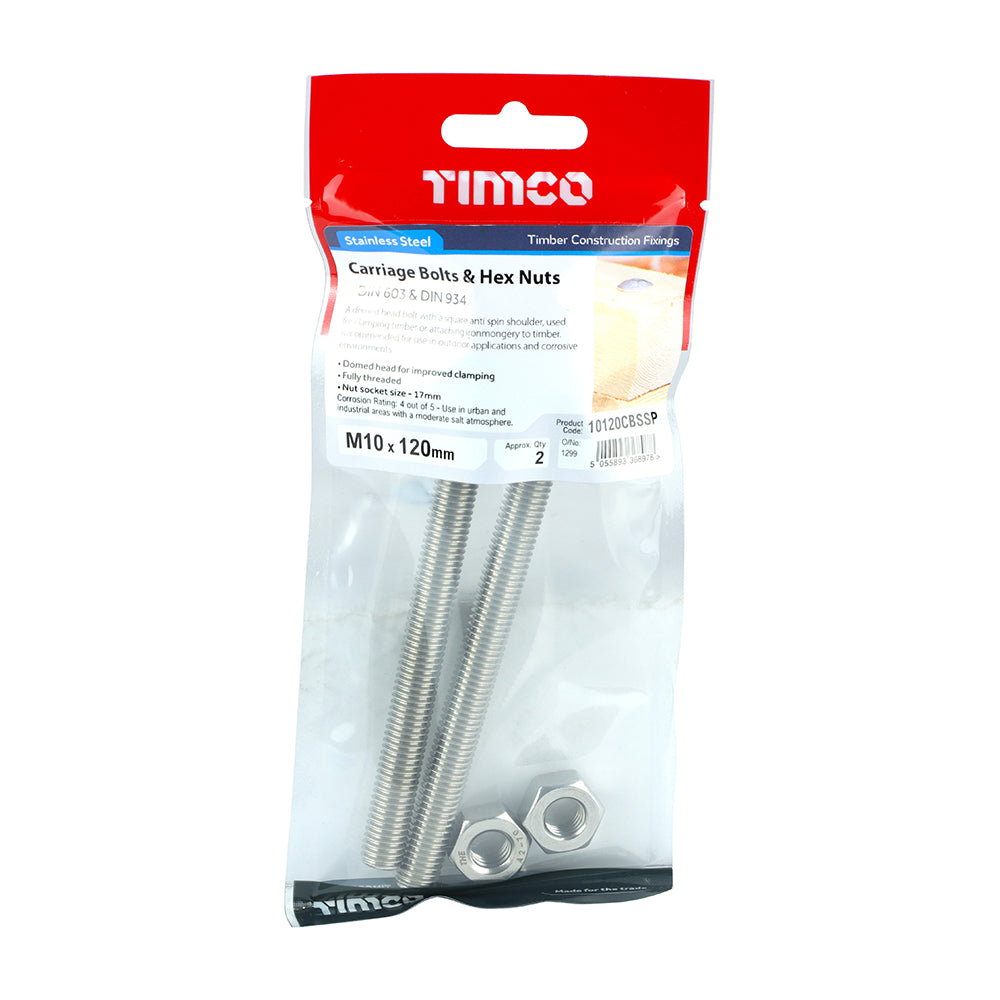 Carriage Bolts & Hex Nuts - Stainless Steel | M10 x 120 additional image 2