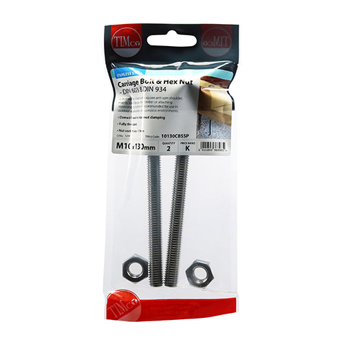 Carriage Bolts & Hex Nuts - Stainless Steel | M10 x 130 additional image 2
