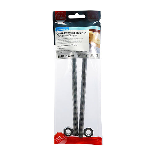 Carriage Bolts & Hex Nuts - Stainless Steel | M10 x 150 additional image 2