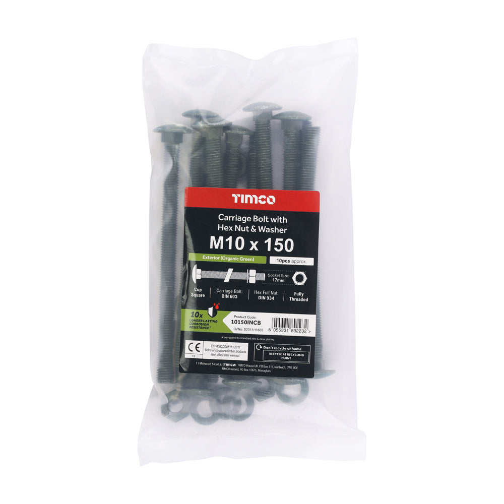Carriage Bolts Hex Nuts & Form A Washers - Dome - Exterior - Green | M10 x 150 additional image 2