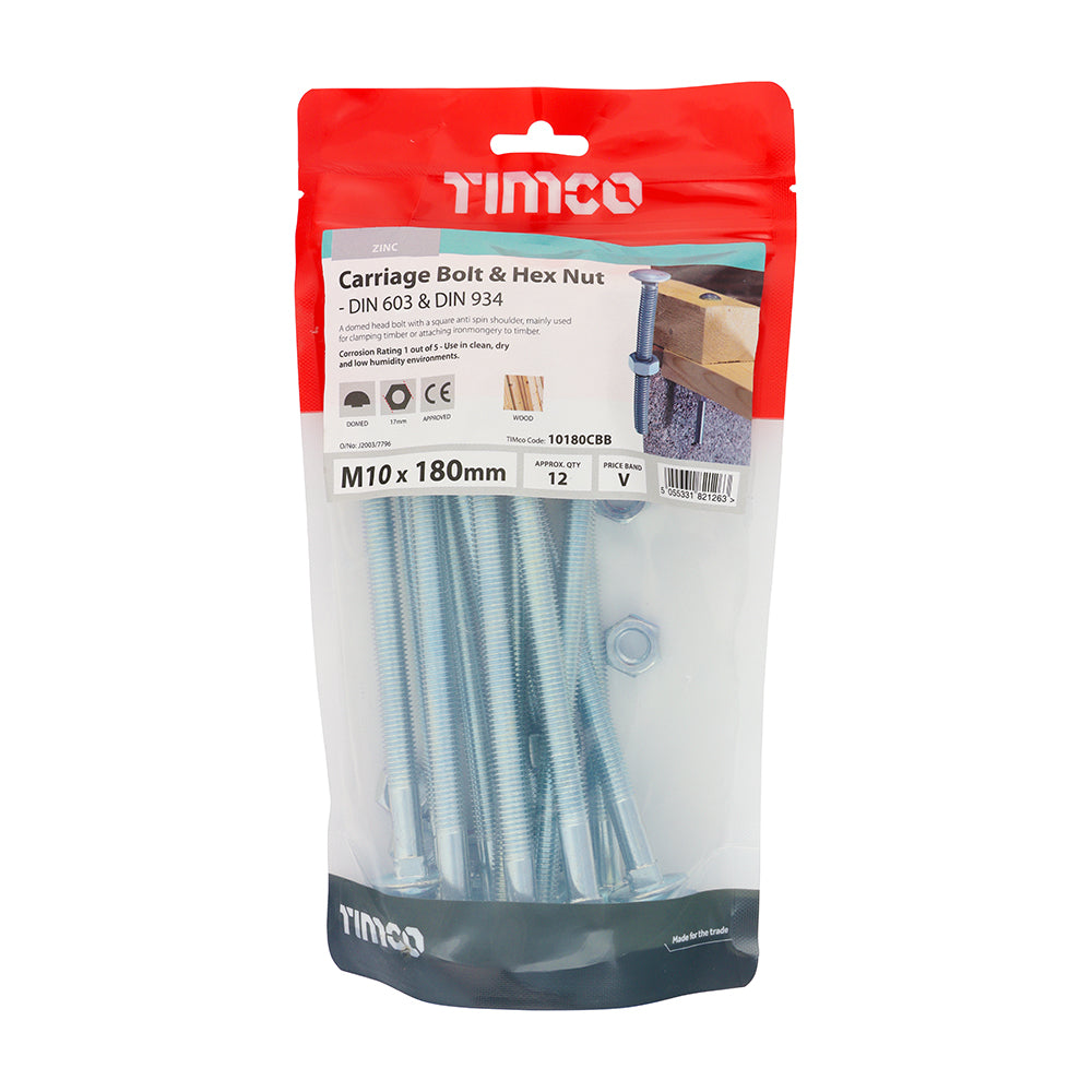 Carriage Bolts & Hex Nuts - Zinc | M10 x 180 additional image 2