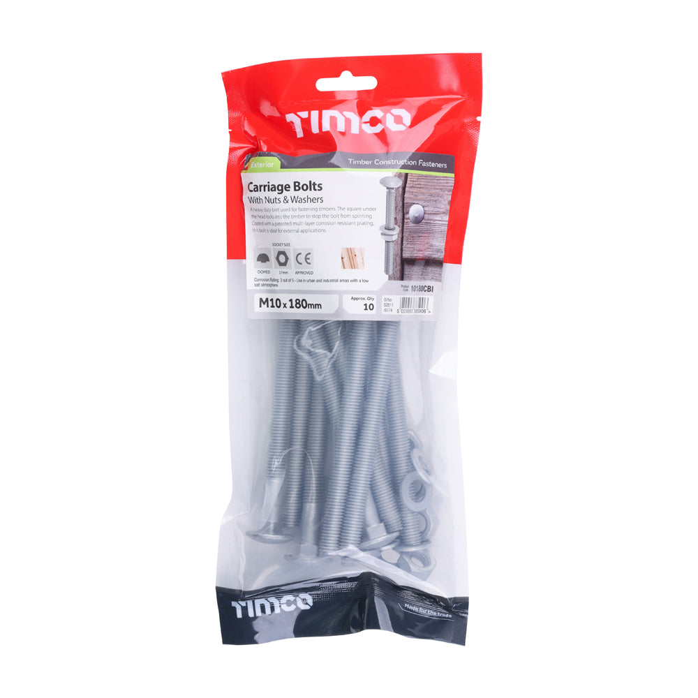 Carriage Bolts Hex Nuts & Form A Washers - Dome - Exterior - Silver | M10 x 180 additional image 2