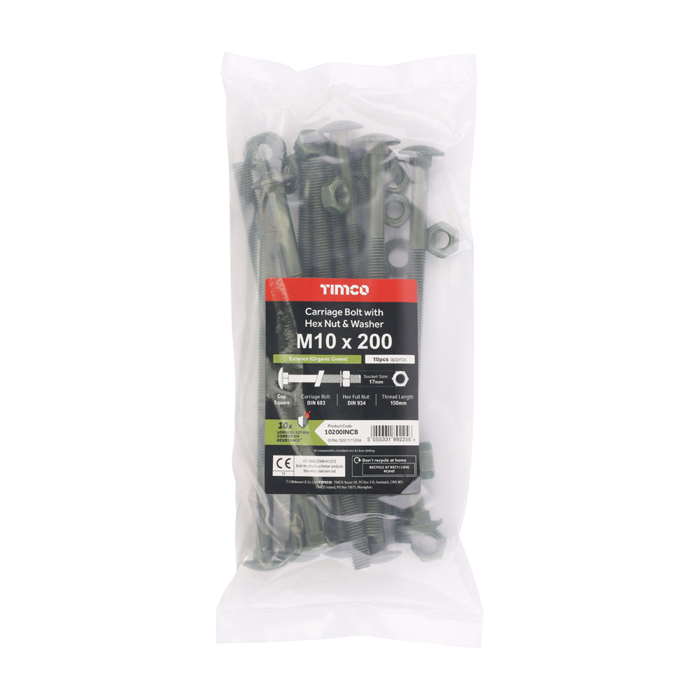 Carriage Bolts Hex Nuts & Form A Washers - Dome - Exterior - Green | M10 x 200 additional image 2