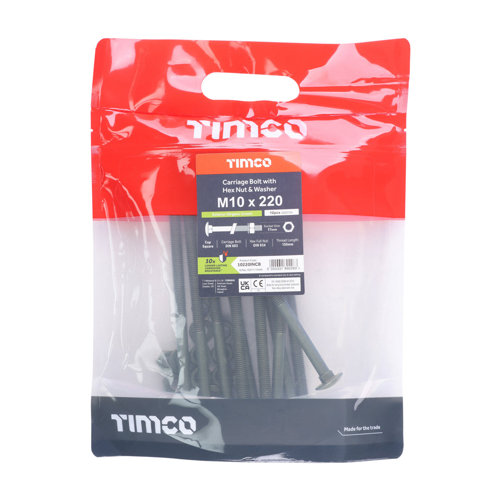 Carriage Bolts Hex Nuts & Form A Washers - Dome - Exterior - Green | M10 x 220 additional image 2