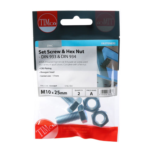 Set Screws & Hex Nuts - Grade 8.8 - Zinc | M10 x 25 additional image 2