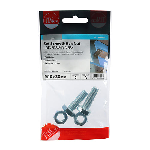 Set Screws & Hex Nuts - Grade 8.8 - Zinc | M10 x 30 additional image 2