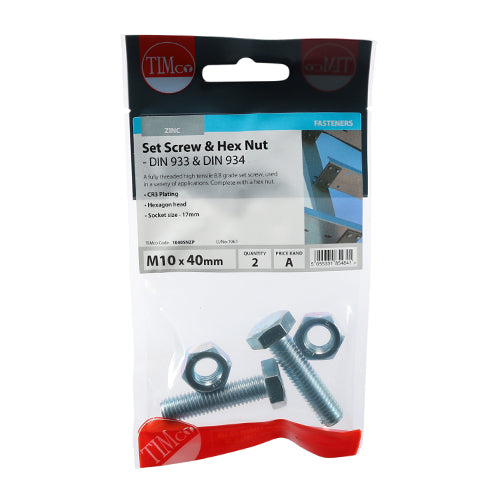 Set Screws & Hex Nuts - Grade 8.8 - Zinc | M10 x 40 additional image 2
