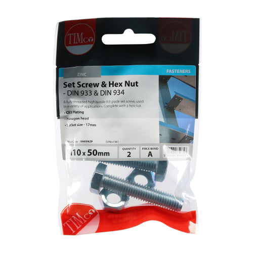Set Screws & Hex Nuts - Grade 8.8 - Zinc | M10 x 50 additional image 2
