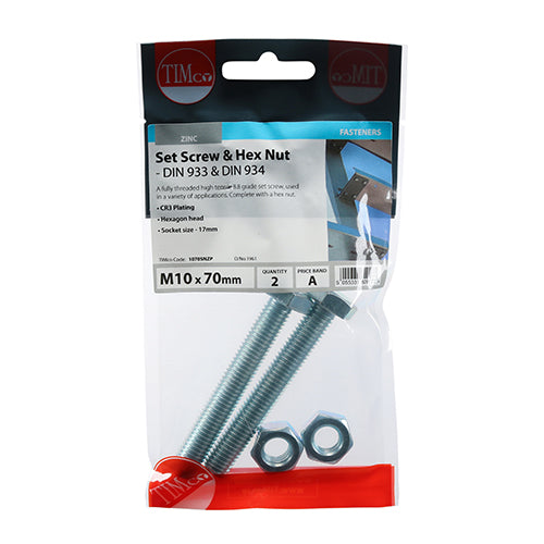 Set Screws & Hex Nuts - Grade 8.8 - Zinc | M10 x 70 additional image 2