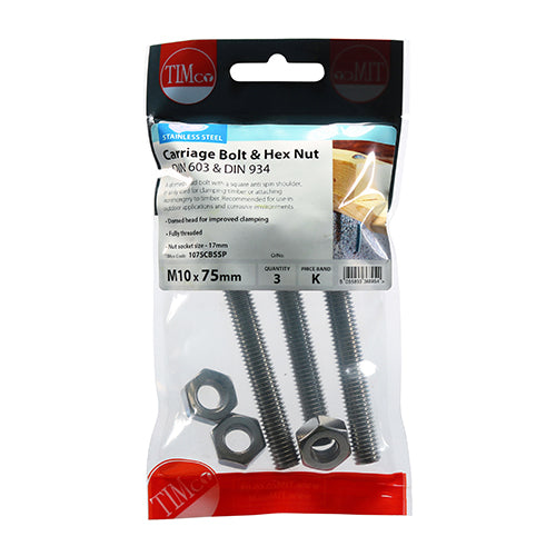 Carriage Bolts & Hex Nuts - Stainless Steel | M10 x 75 additional image 2