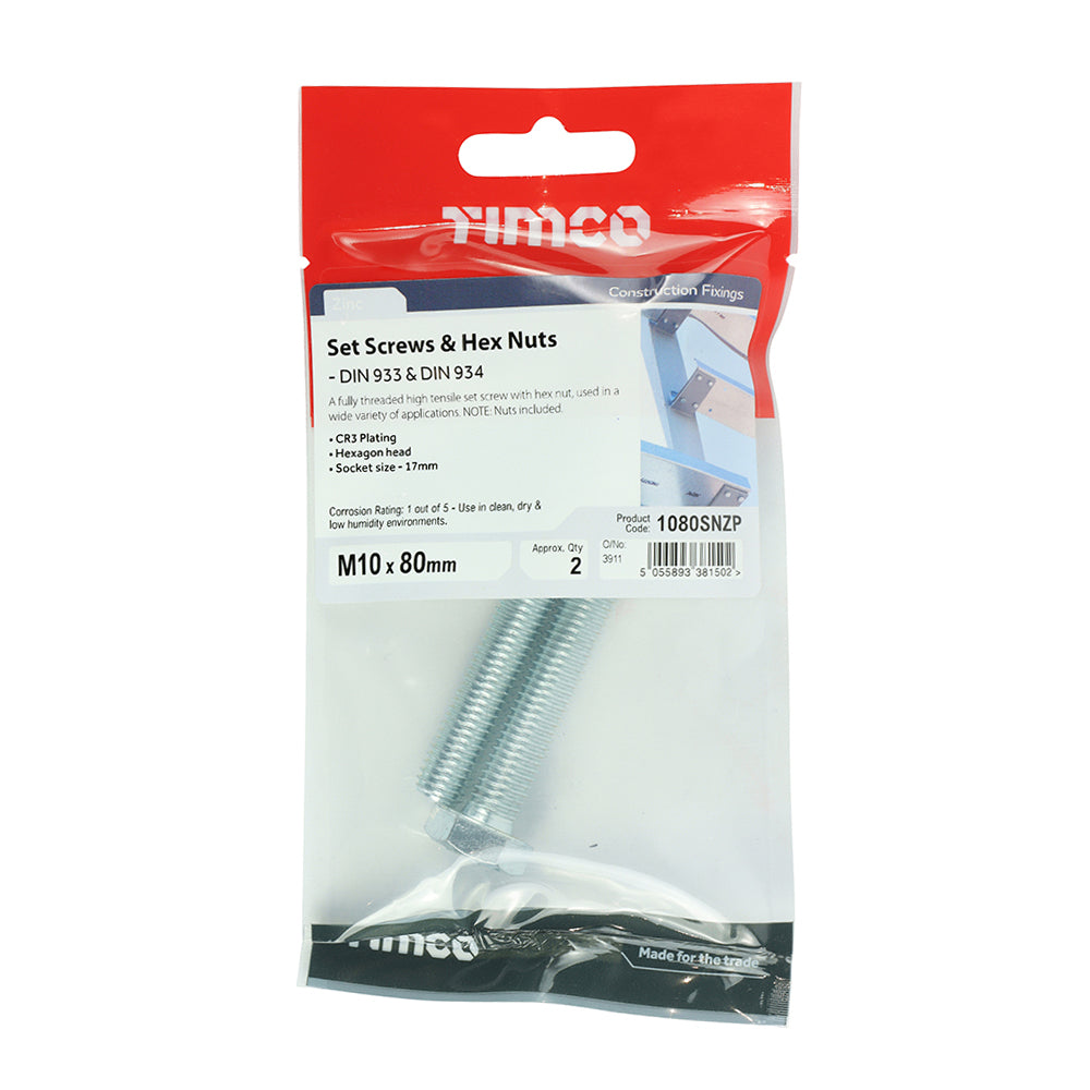 Set Screws & Hex Nuts - Grade 8.8 - Zinc | M10 x 80 additional image 2