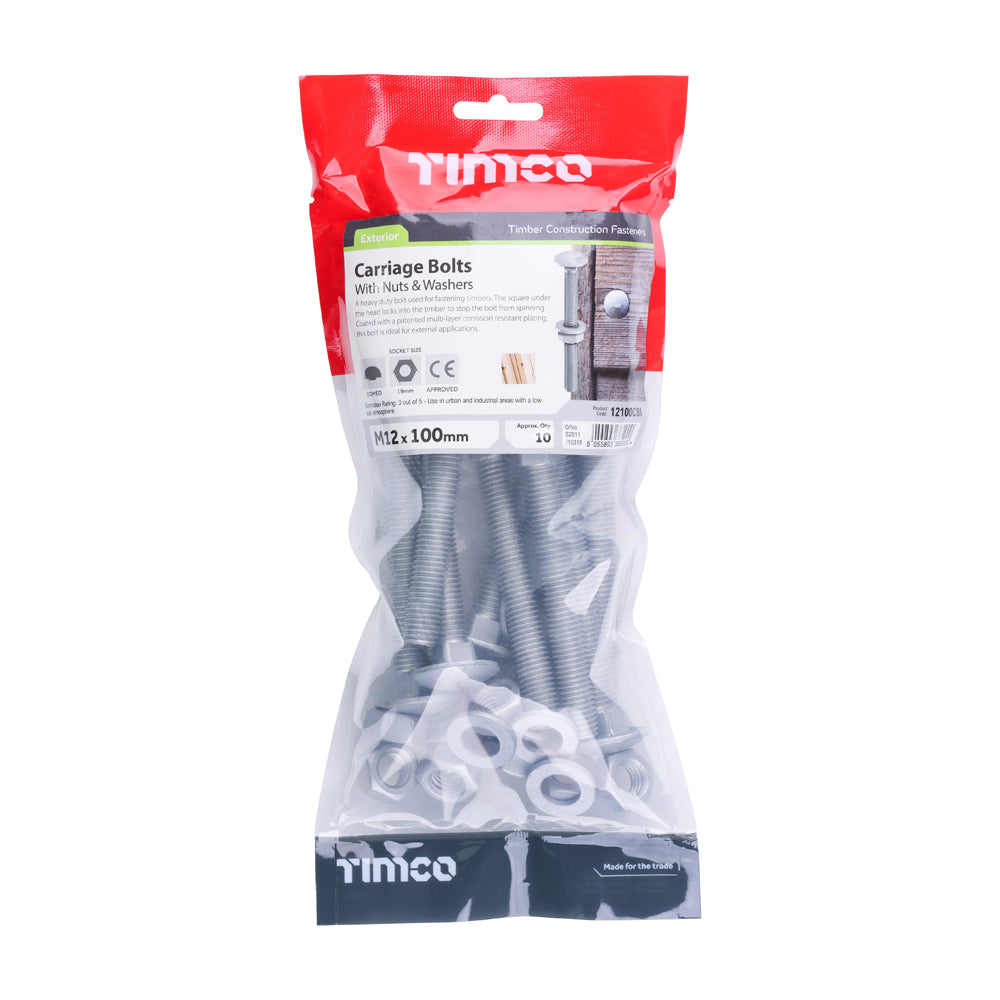 Carriage Bolts Hex Nuts & Form A Washers - Dome - Exterior - Silver | M12 x 100 additional image 2