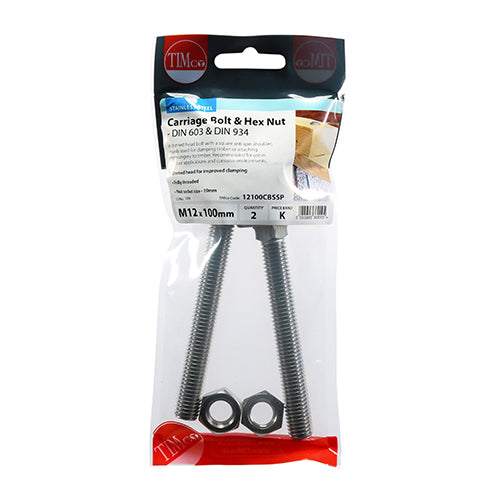 Carriage Bolts & Hex Nuts - Stainless Steel | M12 x 100 additional image 2