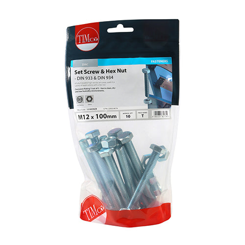 Set Screws & Hex Nuts - Grade 8.8 - Zinc | M12 x 100 additional image 2