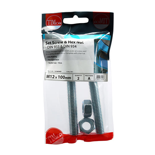 Set Screws & Hex Nuts - Grade 8.8 - Zinc | M12 x 100 additional image 2