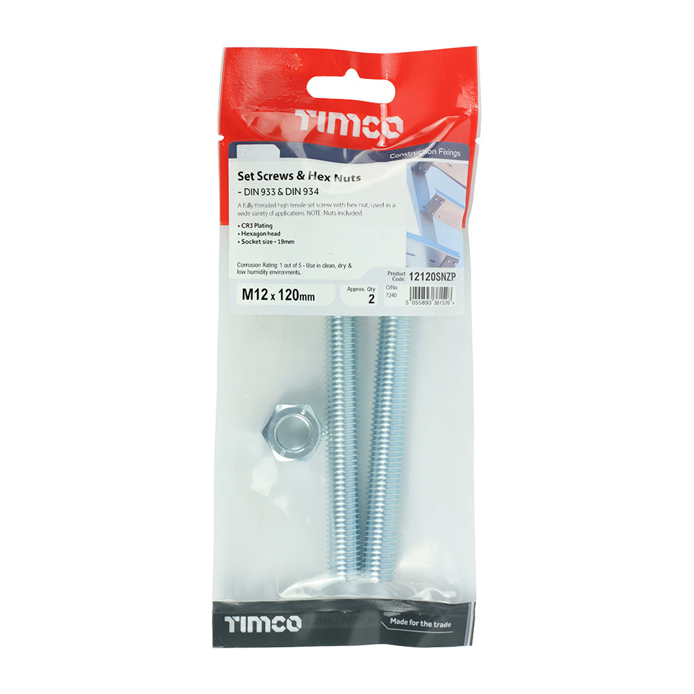 Set Screws & Hex Nuts - Grade 8.8 - Zinc | M12 x 120 additional image 2