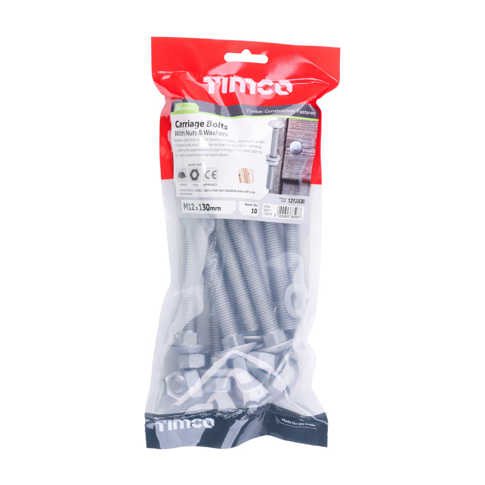 Carriage Bolts Hex Nuts & Form A Washers - Dome - Exterior - Silver | M12 x 130 additional image 2