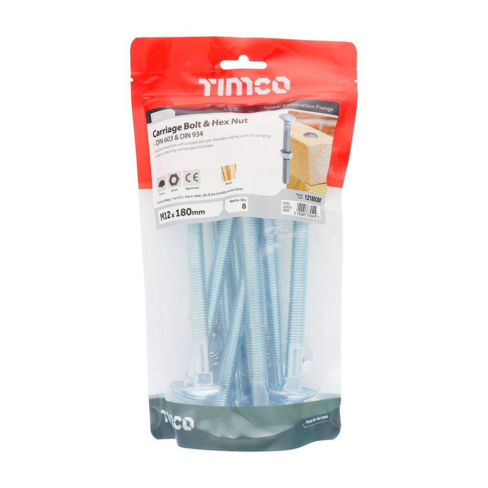 Carriage Bolts & Hex Nuts - Zinc | M12 x 180 additional image 2