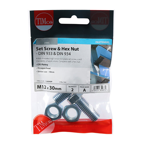 Set Screws & Hex Nuts - Grade 8.8 - Zinc | M12 x 30 additional image 2