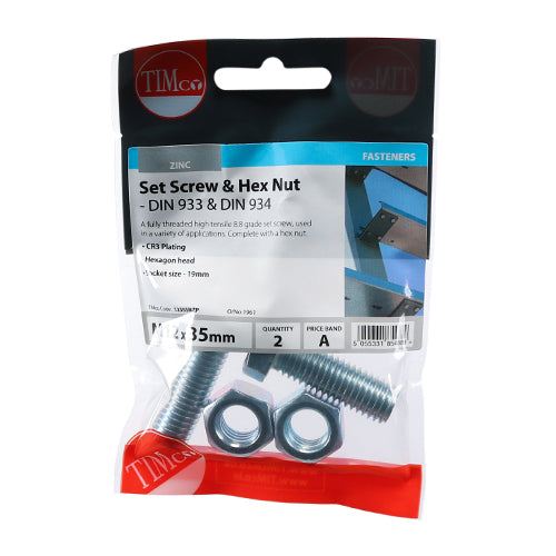 Set Screws & Hex Nuts - Grade 8.8 - Zinc | M12 x 35 additional image 2