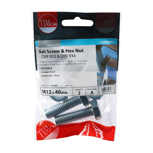 Set Screws & Hex Nuts - Grade 8.8 - Zinc | M12 x 40 additional image 2
