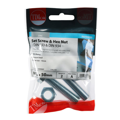 Set Screws & Hex Nuts - Grade 8.8 - Zinc | M12 x 50 additional image 2