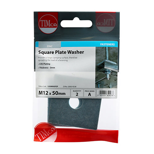 Square Plate Washers - Zinc | M12 x 50 x 50 x 3 | TIMpac additional image 2