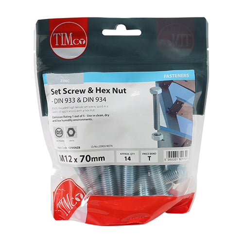 Set Screws & Hex Nuts - Grade 8.8 - Zinc | M12 x 70 additional image 2